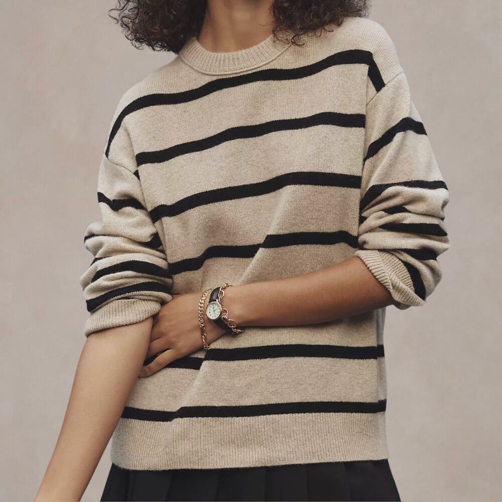 NWT Reformation Fabian Merino Wool Sweater Striped Beige Linen Black Small